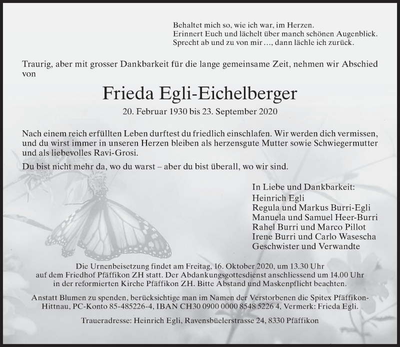  Traueranzeige für Frieda Egli-Eichelberger vom 07.10.2020 aus AvU