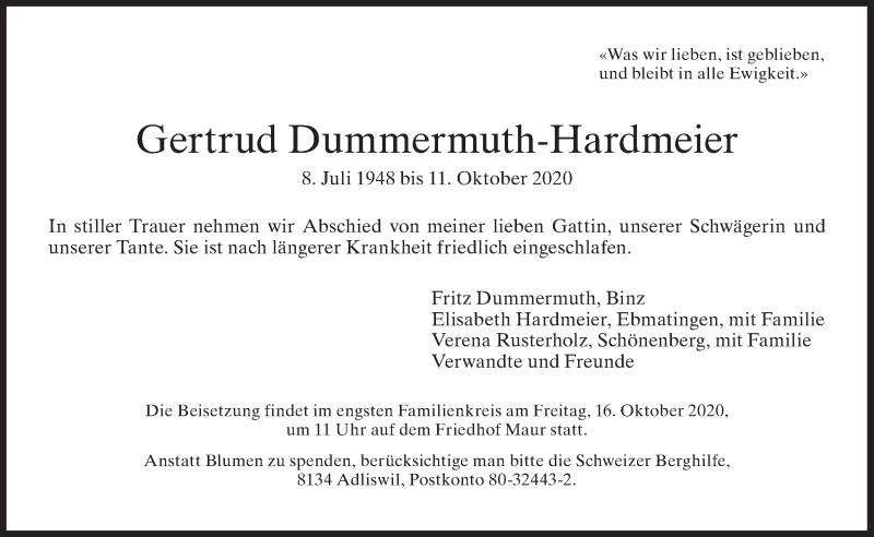  Traueranzeige für Gertrud Dummermuth-Hardmeier vom 14.10.2020 aus AvU