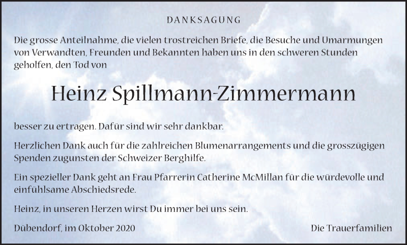  Traueranzeige für Heinz Spillmann-Zimmermann vom 02.10.2020 aus GL solo