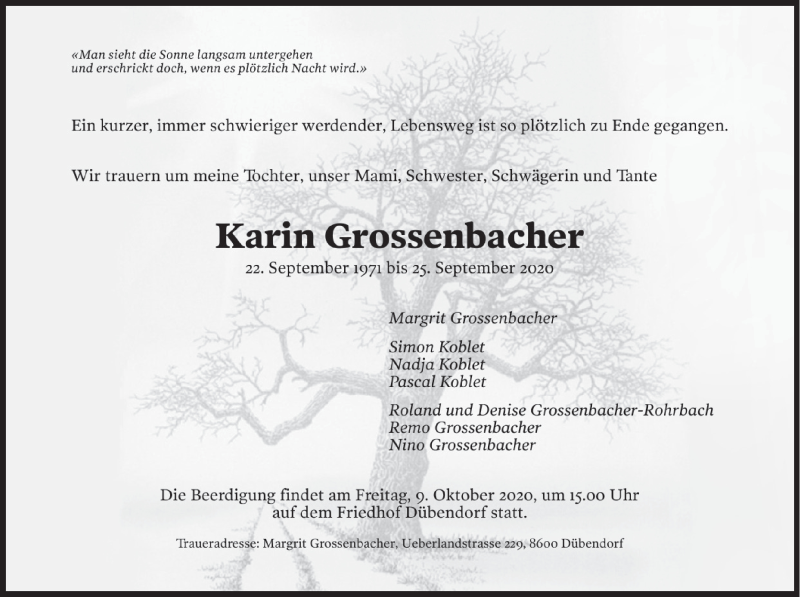  Traueranzeige für Karin Grossenbacher vom 05.10.2020 aus ZO solo