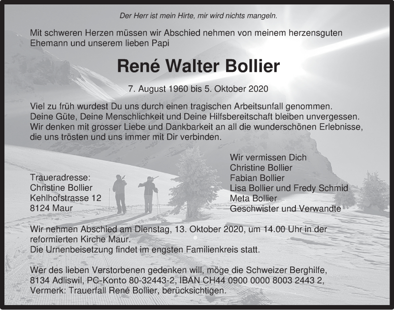  Traueranzeige für René Walter Bollier vom 08.10.2020 aus AvU