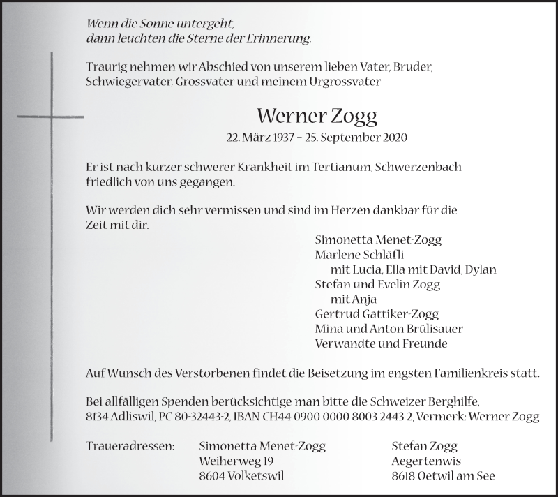  Traueranzeige für Werner Zogg vom 02.10.2020 aus VO solo