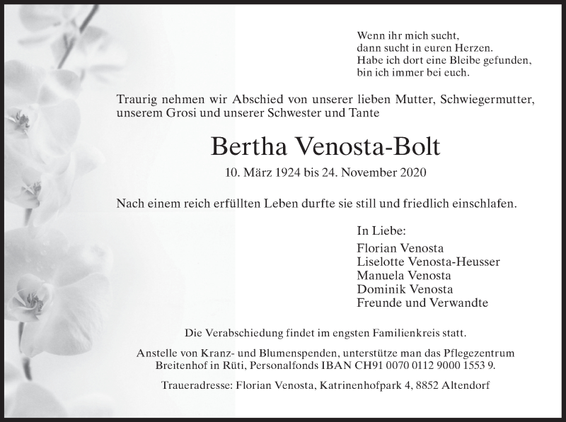  Traueranzeige für Bertha Venosta-Bolt vom 27.11.2020 aus AvU