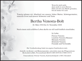 Traueranzeige von Bertha Venosta-Bolt von AvU