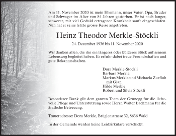 Traueranzeige von Heinz Theodor Merkle-Stöckli von AvU
