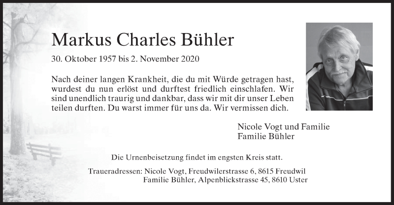  Traueranzeige für Markus Charles Bühler vom 11.11.2020 aus AvU