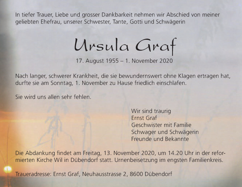 Traueranzeige für Ursula Graf vom 06.11.2020 aus VO solo