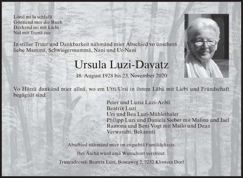  Traueranzeige für Ursula Luzi-Davatz vom 27.11.2020 aus AvU