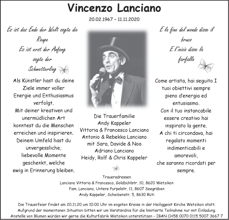  Traueranzeige für Vincenzo Lanciano vom 18.11.2020 aus AvU