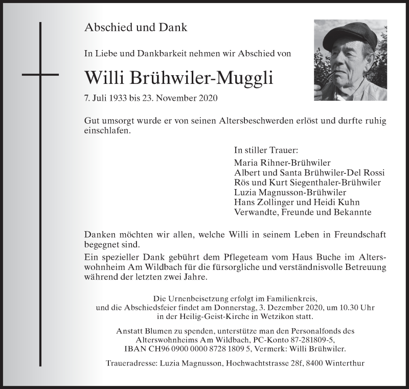  Traueranzeige für Willi Brühwiler-Muggli vom 28.11.2020 aus AvU