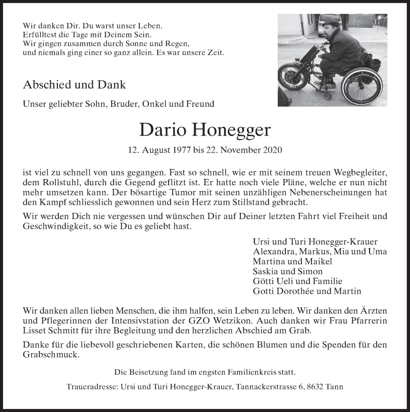  Traueranzeige für Dario Honegger vom 09.12.2020 aus AvU