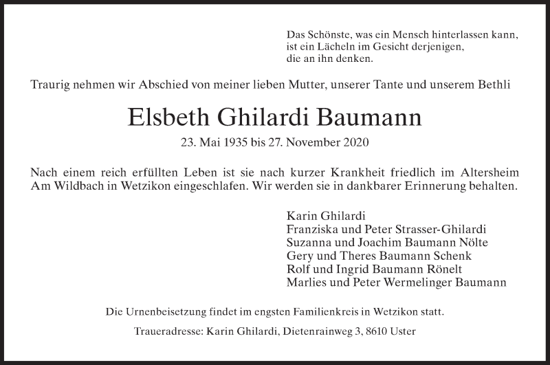  Traueranzeige für Elsbeth Ghilardi Baumann vom 09.12.2020 aus AvU