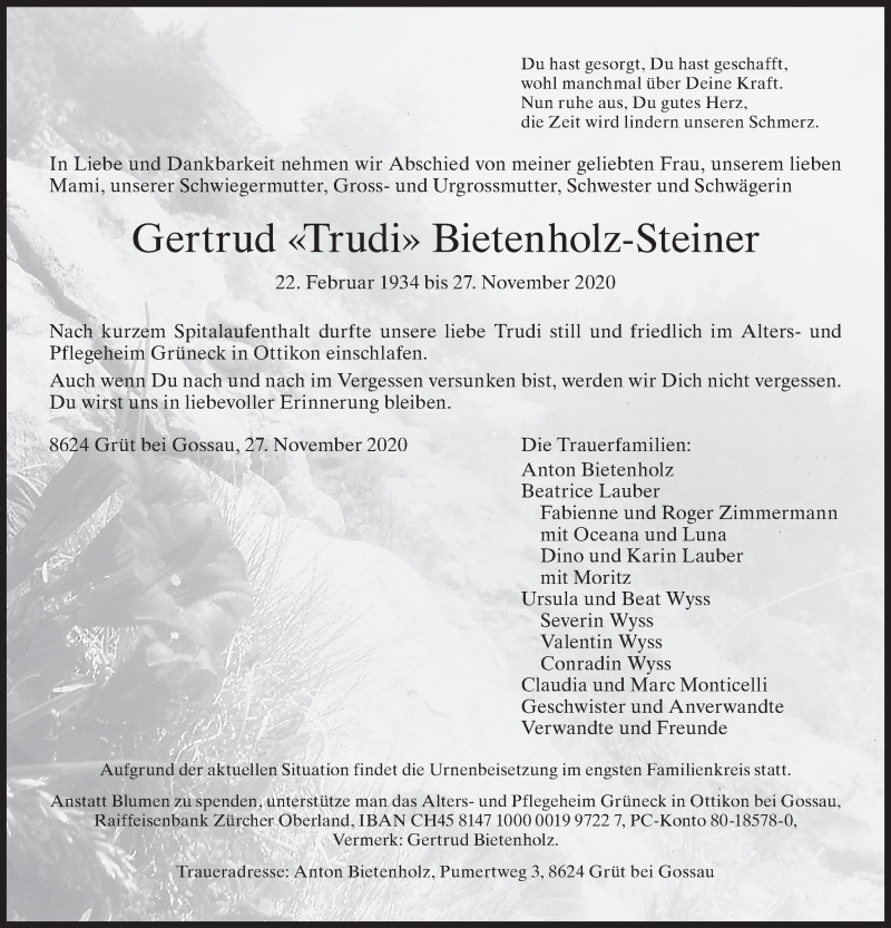  Traueranzeige für Gertrud Bietenholz-Steiner vom 02.12.2020 aus AvU