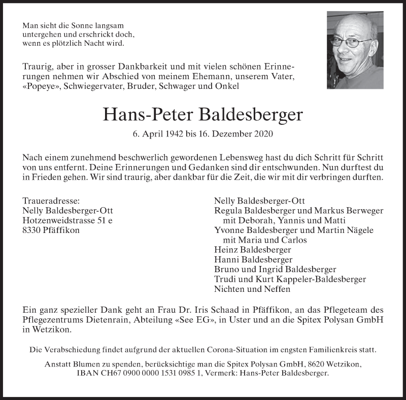  Traueranzeige für Hans-Peter Baldesberger vom 23.12.2020 aus AvU