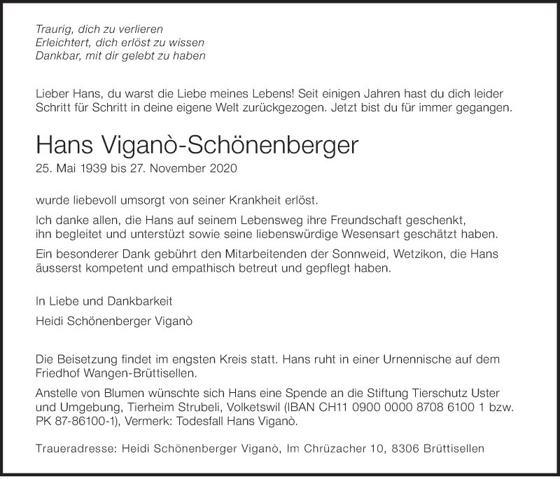  Traueranzeige für Hans Viganò-Schönenberger vom 02.12.2020 aus AvU