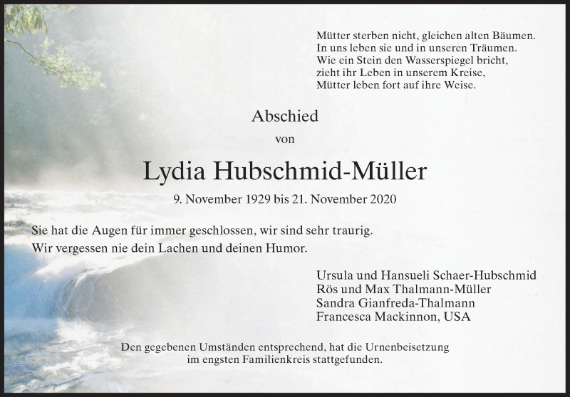  Traueranzeige für Lydia Hubschmid-Müller vom 03.12.2020 aus reg_2