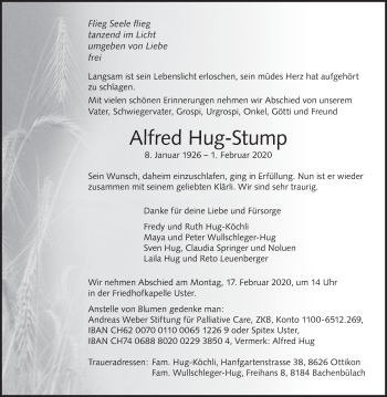 Traueranzeige von Alfred Hug-Stump von ZO solo