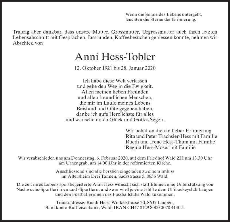  Traueranzeige für Anni Hess-Tobler vom 03.02.2020 aus ZO solo