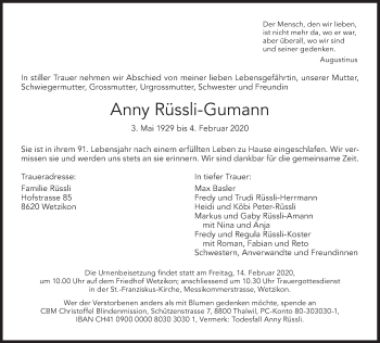 Traueranzeige von Anny Rüssli-Gumann von AvU