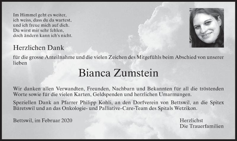  Traueranzeige für Bianca Zumstein vom 26.02.2020 aus ZO solo