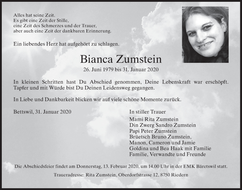  Traueranzeige für Bianca Zumstein vom 05.02.2020 aus ZO solo