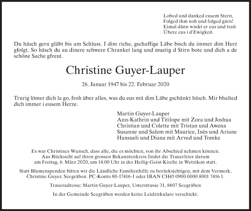  Traueranzeige für Christine Guyer-Lauper vom 29.02.2020 aus AvU