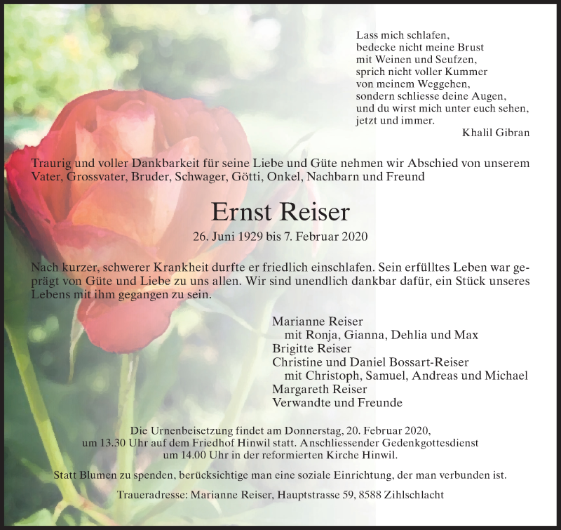  Traueranzeige für Ernst Reiser vom 12.02.2020 aus ZO solo