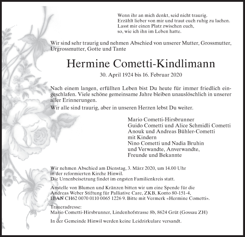  Traueranzeige für Hermine Cometti-Kindlimann vom 26.02.2020 aus ZO solo