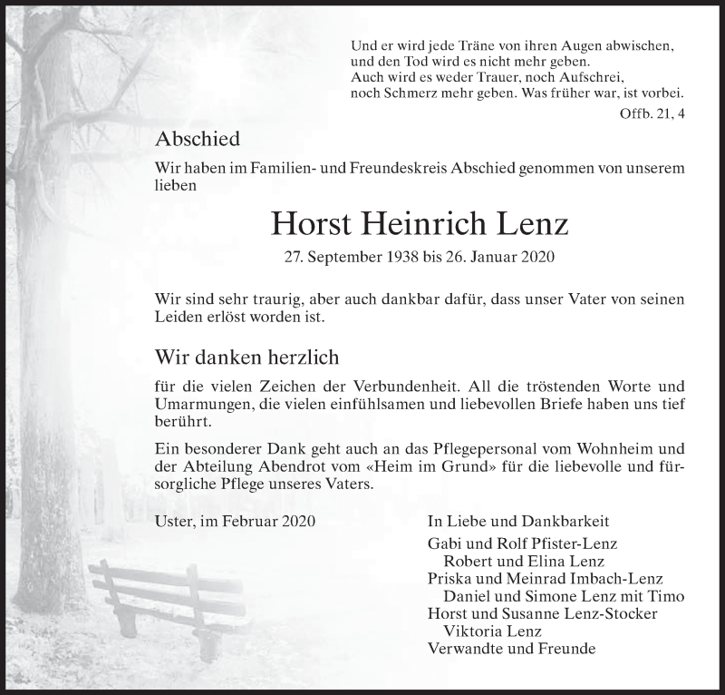  Traueranzeige für Horst Heinrich Lenz vom 12.02.2020 aus ZO solo