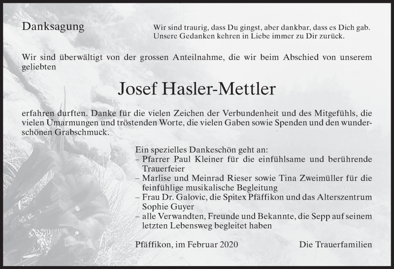  Traueranzeige für Josef Hasler-Mettler vom 13.02.2020 aus AvU