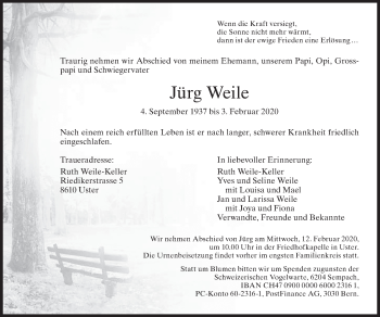 Traueranzeige von Jürg Weile von ZO solo