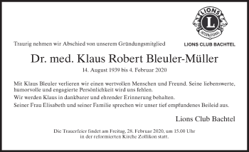 Traueranzeige von Klaus Robert Bleuler-Müller von AvU