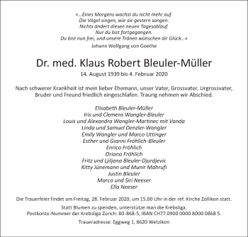 Traueranzeige von Klaus Robert Bleuler-Müller von ZO solo