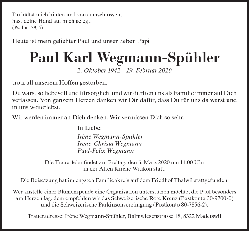  Traueranzeige für Paul Karl Wegmann-Spühler vom 26.02.2020 aus ZO solo