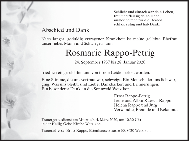  Traueranzeige für Rosmarie Rappo-Petrig vom 03.02.2020 aus AvU