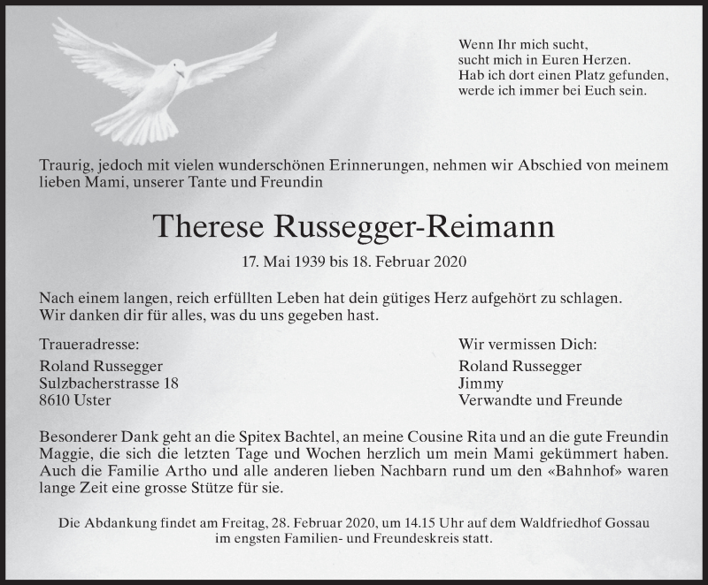  Traueranzeige für Therese Russegger-Reimann vom 26.02.2020 aus ZO solo