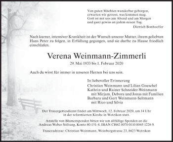 Traueranzeige von Verena Weinmann-Zimmerli von AvU