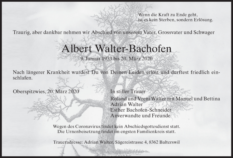  Traueranzeige für Albert Walter-Bachofen vom 26.03.2020 aus AvU