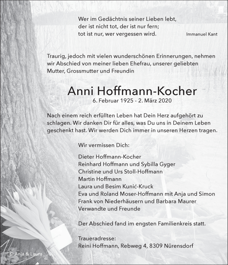  Traueranzeige für Anni Hoffmann-Kocher vom 18.03.2020 aus ZO solo