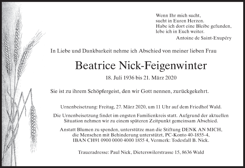  Traueranzeige für Beatrice Nick-Feigenwinter vom 25.03.2020 aus ZO solo