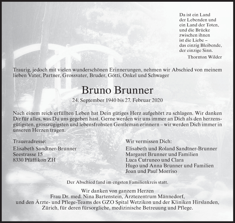  Traueranzeige für Bruno Brunner vom 04.03.2020 aus AvU