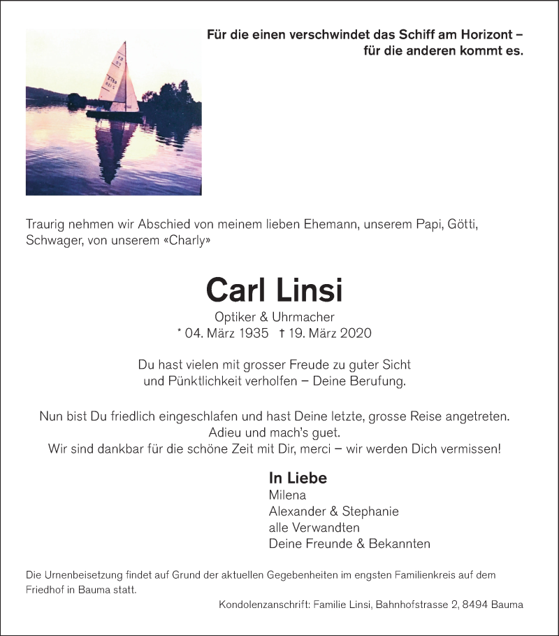  Traueranzeige für Carl Linsi vom 27.03.2020 aus AvU