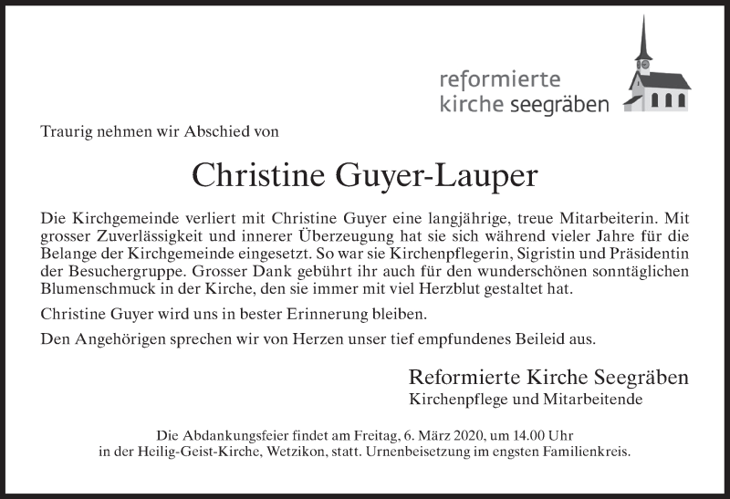  Traueranzeige für Christine Guyer-Lauper vom 03.03.2020 aus AvU