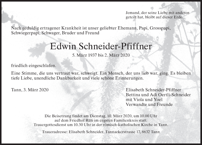  Traueranzeige für Edwin Schneider-Pfiffner vom 04.03.2020 aus AvU