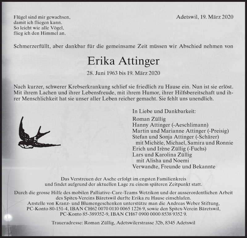  Traueranzeige für Erika Attinger vom 25.03.2020 aus ZO solo