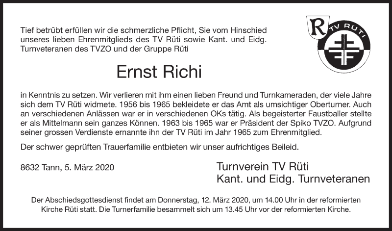  Traueranzeige für Ernst Richi vom 09.03.2020 aus AvU