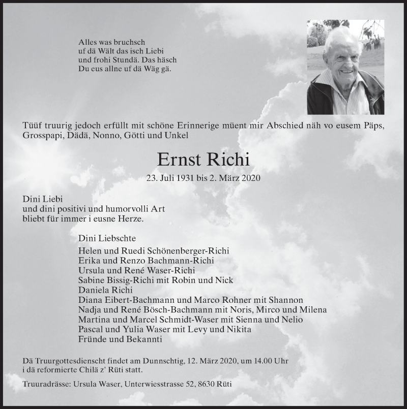  Traueranzeige für Ernst Richi vom 05.03.2020 aus AvU