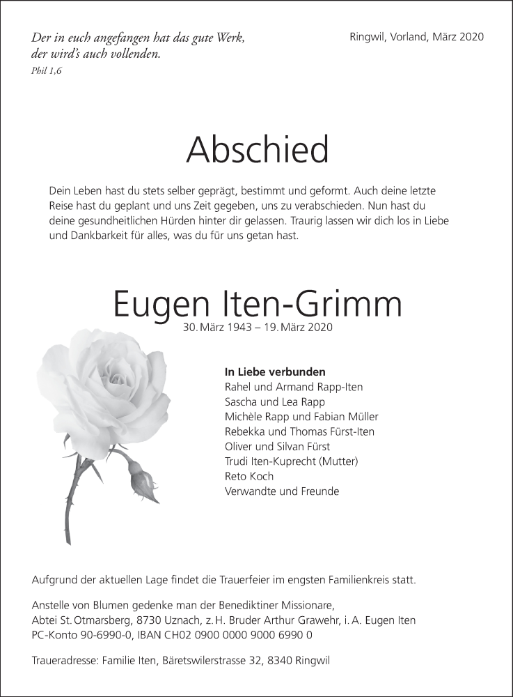  Traueranzeige für Eugen Iten-Grimm vom 23.03.2020 aus ZO solo