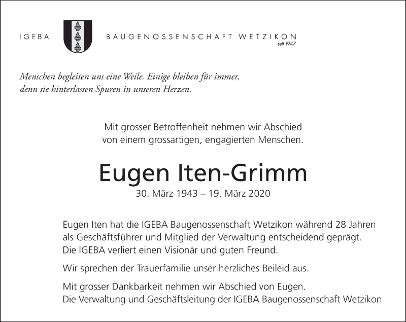  Traueranzeige für Eugen Iten-Grimm vom 24.03.2020 aus ZO solo