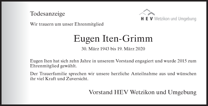  Traueranzeige für Eugen Iten-Grimm vom 25.03.2020 aus ZO solo